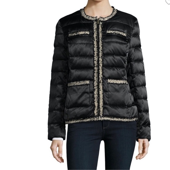 Karl Lagerfeld Jackets & Blazers - Karl Lagerfeld Black & Gold Tweed Detail Front Zip Puffer Jacket size XL